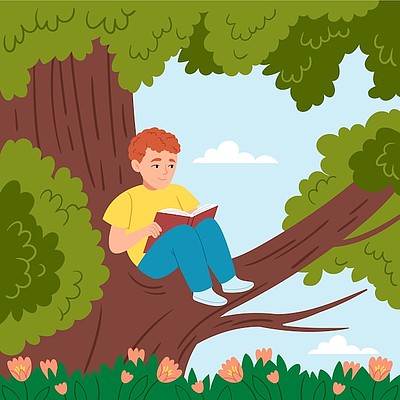 平坦的夏天插图与人在树上看书图书书籍