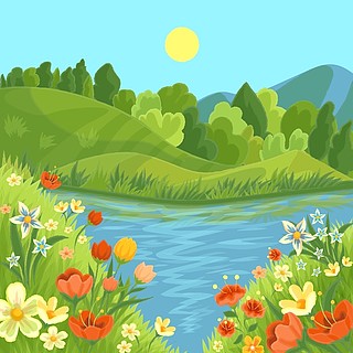 手绘风格美丽的春天风景乡村美丽的风景山自然风景卡通美丽乡村景色