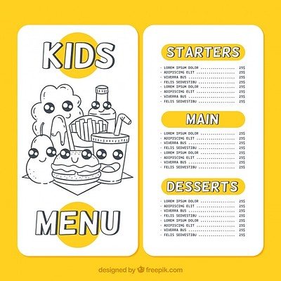 带有食物草图的精美儿童菜单