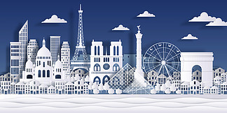 巴黎纸地标埃菲尔铁塔<i>法</i>国纪念碑，旅行城市标志，剪纸的城市景观设计矢量巴黎折纸的天际线景观巴黎纸地标埃菲尔铁塔<i>法</i>国纪念碑，旅行城市标志，剪纸的城市景观设计矢量巴黎折纸风景