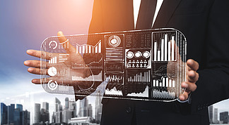 商业和金融概念的数据分析图形界<i>面</i>显示了未来计算机技术的利润分析，在线营销研究和数字业务战略的信息报告