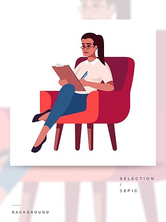 有剪贴板半平的RGB颜色传染媒介例证的女实业家坐在扶手椅上的女主管女人做笔记<i>心</i><i>理</i>咨询白色背景上的孤立的卡通人物