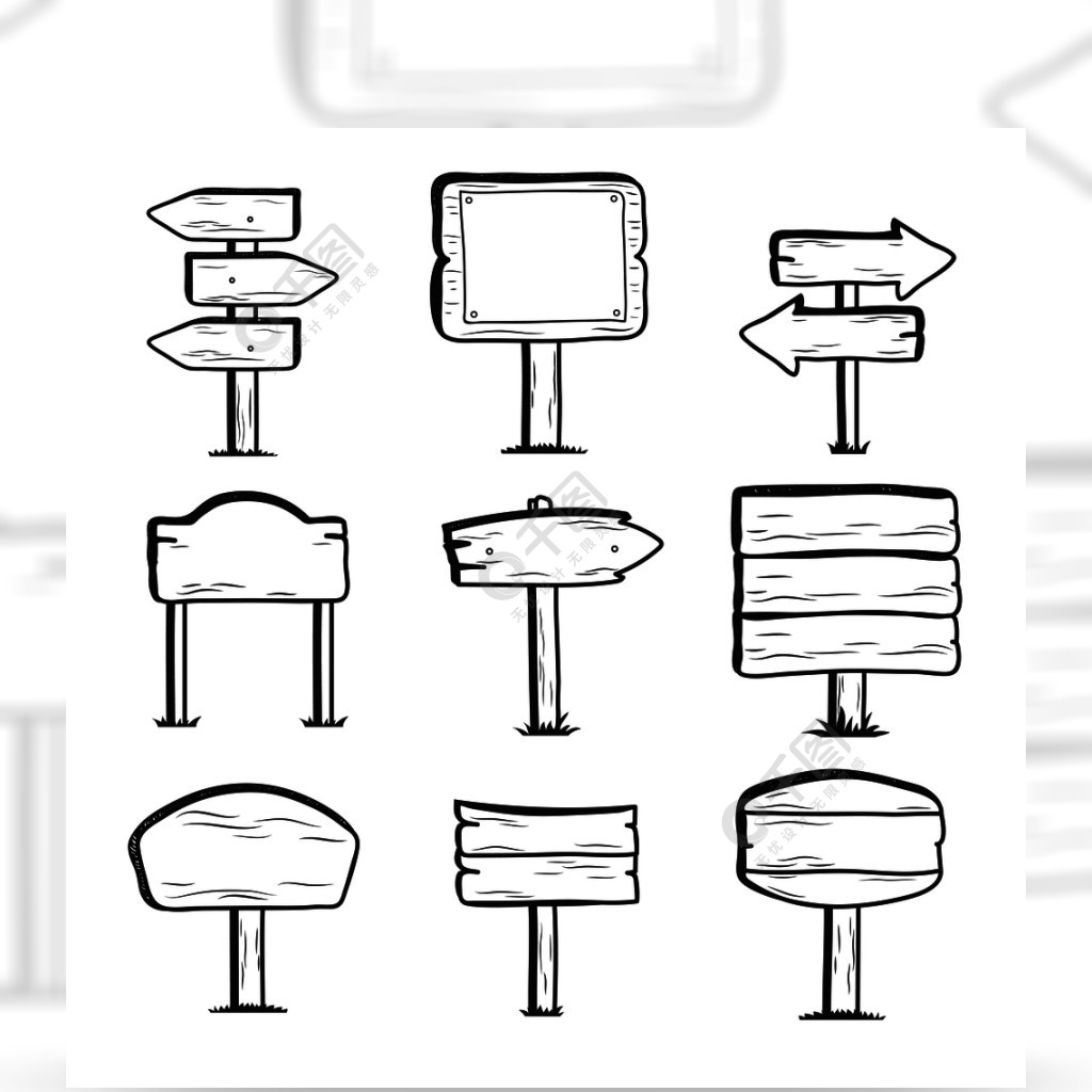 手繪木路牌嘟嘟路標圖標木框架箭頭,木廣告牌橫幅,傳染媒介例證手繪木