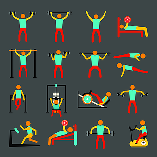 锻炼运动和健身训练图标集的运动健康的人孤立的矢量图