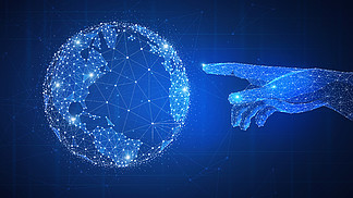 多边形网络人的手触摸发光的世界地球仪智能合约协议，区块链和cryptocurrency，业务网络和<i>4</i><i>IR</i>第四次工业革命的概念触摸未来的手和全球低聚未来派的概念
