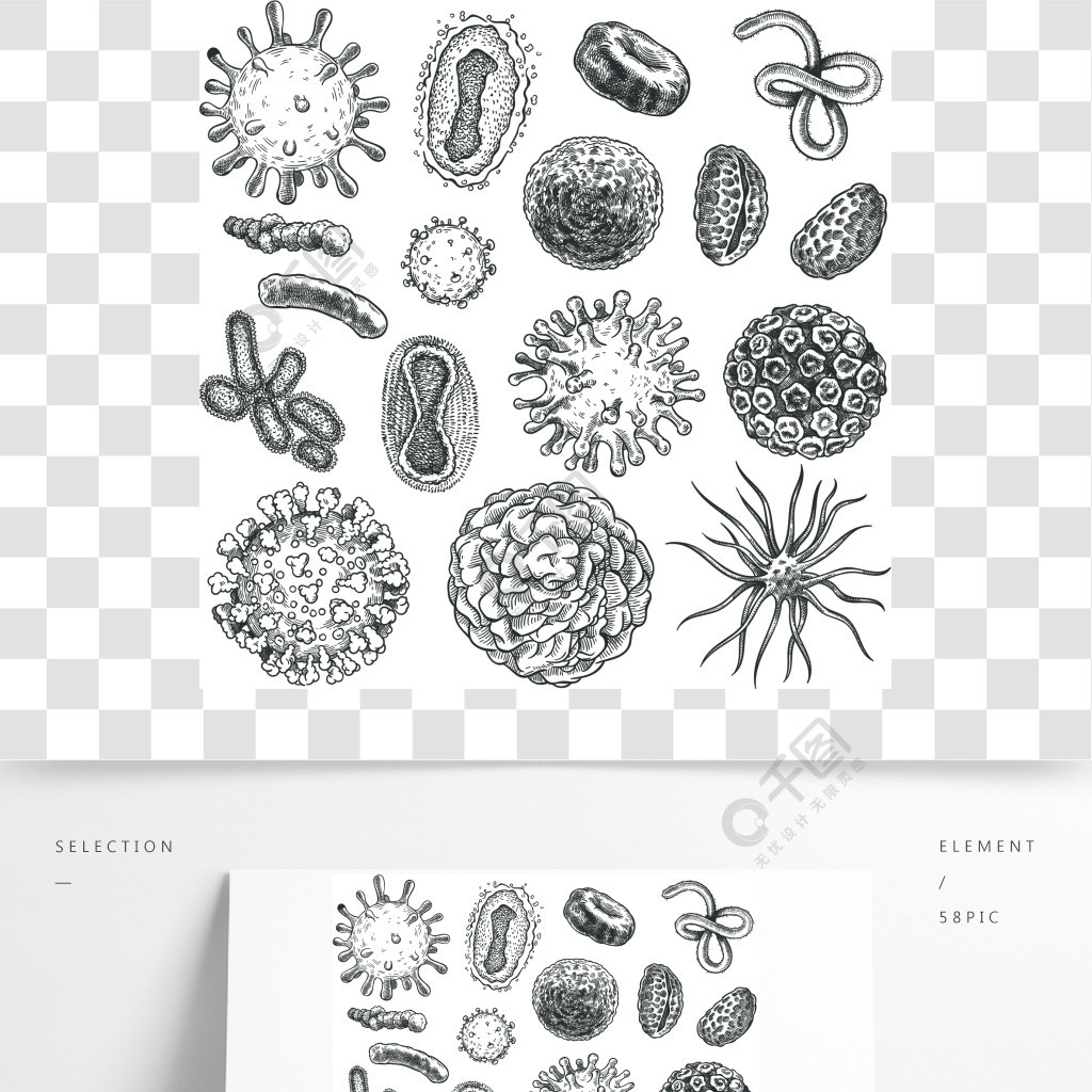 素描病毒細菌,冠狀病毒細菌生物學微有機元素covid-19病毒,癌細胞手繪