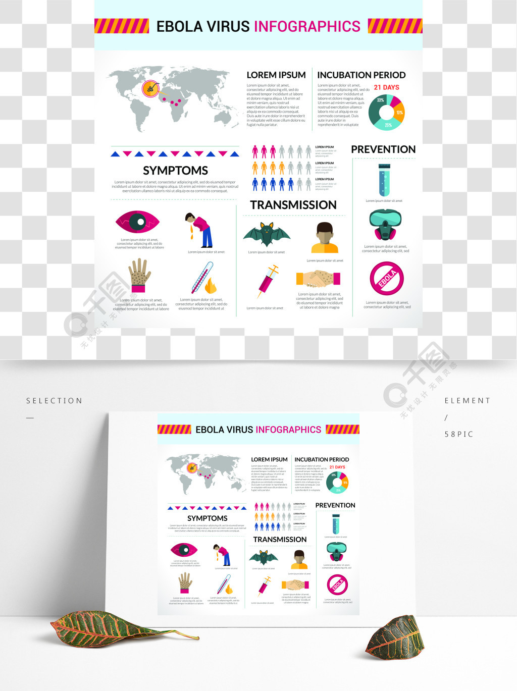 埃博拉病毒平面图表设置与传播症状预防元素图表和世界地图孤立的矢量