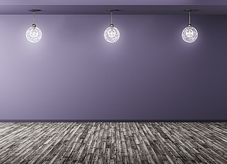 三盏灯在空旷的<i>房</i>间里紫色的墙壁和木地板室内背景3d渲染