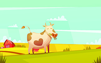 吃草在农田动画片海报的母<i>牛</i><i>牛</i>和<i>小</i><i>牛</i>牧场农田搞笑卡通海报与农舍在背景和放牧的<i>牛</i>矢量图