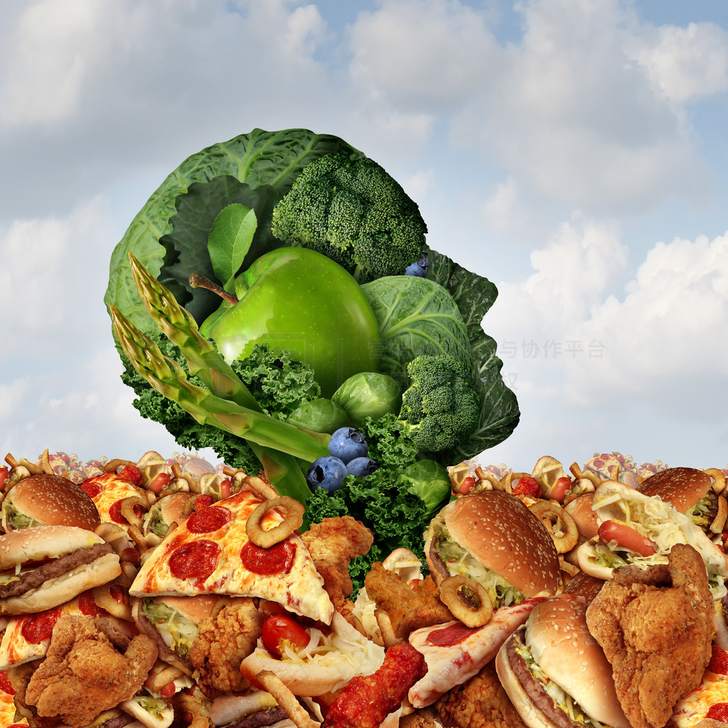 淹没在肥胖概念中的人脸由新鲜的绿色蔬菜和水果制成，努力从油腻的快餐食品和油炸食品的海洋中生存，这是营养危机的象征人物形象免费下载格式 