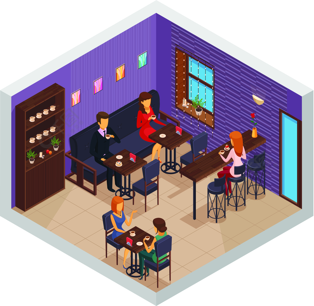 咖啡馆内部构成咖啡厅室内餐厅比萨店小酒馆食堂等距室内组成与橱柜和