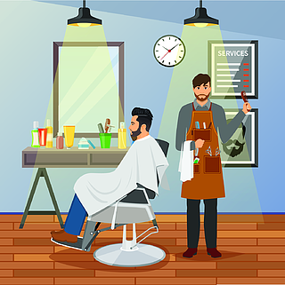 理发师店平面设计理发店平面设计与美发师与工作工具和客户端在椅子上