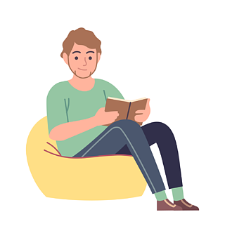 平的动画片例证的有趣的书读者男人坐在黄色的舒适扶手椅上阅读文学
