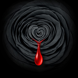 引起的激情和悲剧性悲伤罪行作为在3d例证样式的一朵黑玫瑰出血血液