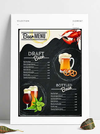 啤酒黑板菜单啤酒黑板菜单与不同类型的饮料龙虾杯椒盐卷饼蛇麻草和眼镜矢量图