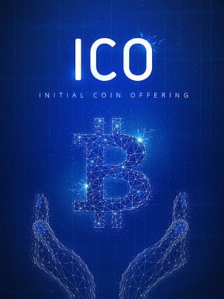 提供与发光的多角形比特币标志在手上，区块链对等网络和标题<i><i><i>ICO</i></i></i>的<i><i><i>ICO</i></i></i>最初的硬币提供的未来派hud背景全球cryptocurrency商业金融横幅概念<i><i><i>ICO</i></i></i>初始硬币提供与比特币sym的未来派hud横幅