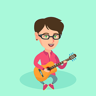 练习在弹吉他的女吉他手矢量卡通插画方形的布局弹吉他的年轻白种女人