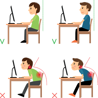后坐姿势坐在显示器示例前的男人和女人矢量图不正确和正确的背部坐姿