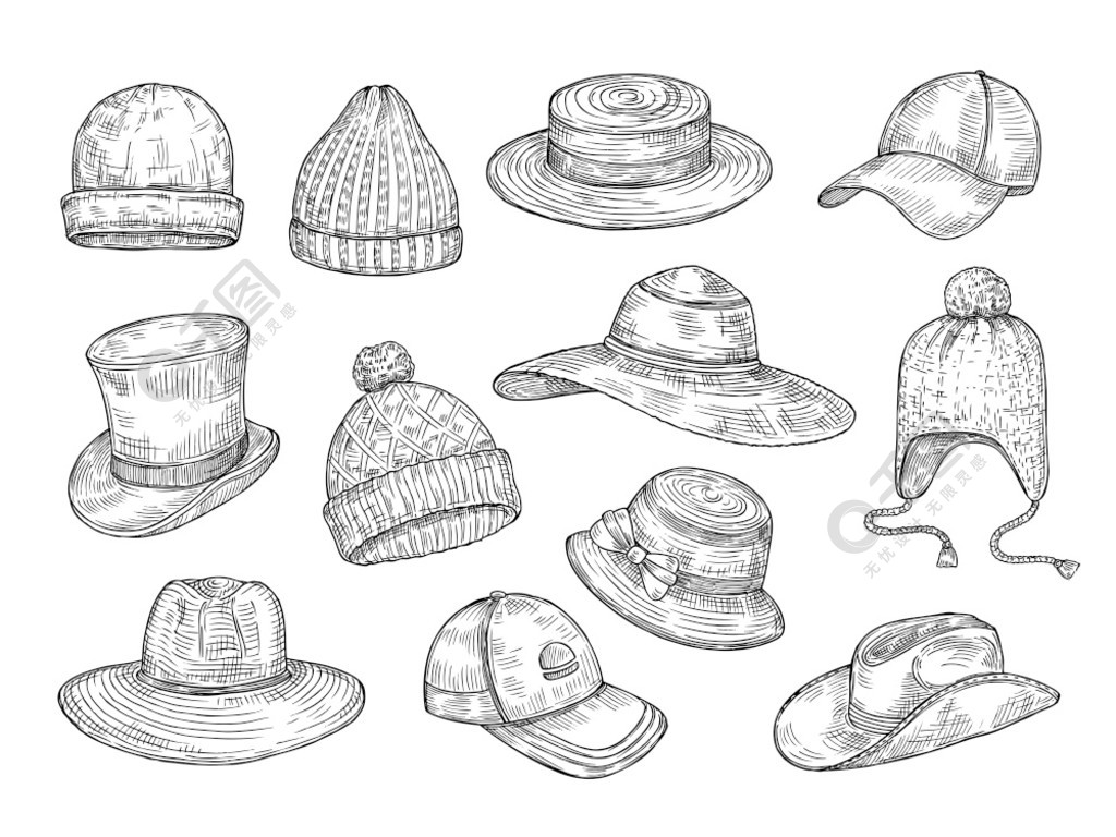 素描帽子冬季和夏季针织的帽子,手绘保暖帽,涂鸦头饰配件矢量孤立的集