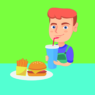 的微笑的男孩用快餐矢量卡通插画方形布局小男孩喝苏打水和吃芝士汉堡