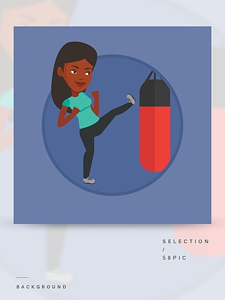 非洲裔美国人的拳击手，行使与拳击袋拳击手在训练过程中打沉重的袋子用<i>沙</i>袋训练拳击手在背景上孤立的圆圈矢量平面设计插画行使与出气筒的女人