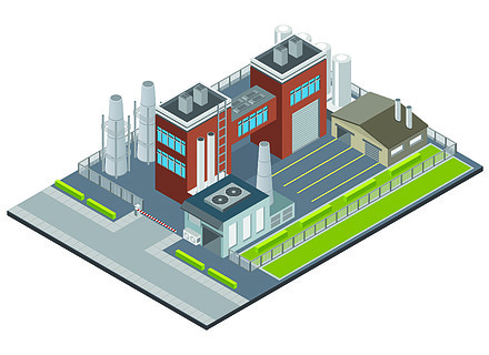 工廠基礎設施等距背景與入口工業建築煙囪車庫在圍欄領土3d矢量圖