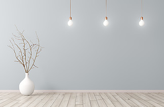 空荡荡的<i>房</i>间室内背景，白色花瓶与分支在木地板上和灯泡Ober蓝色墙3d渲染