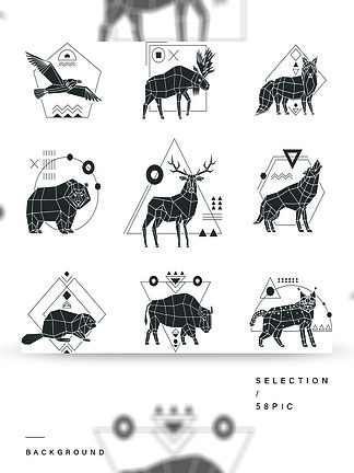 动物多边形的单色标志多边形单色标志设置与野生动物和鸟类和孤立的白色背景矢量图上的几何图案