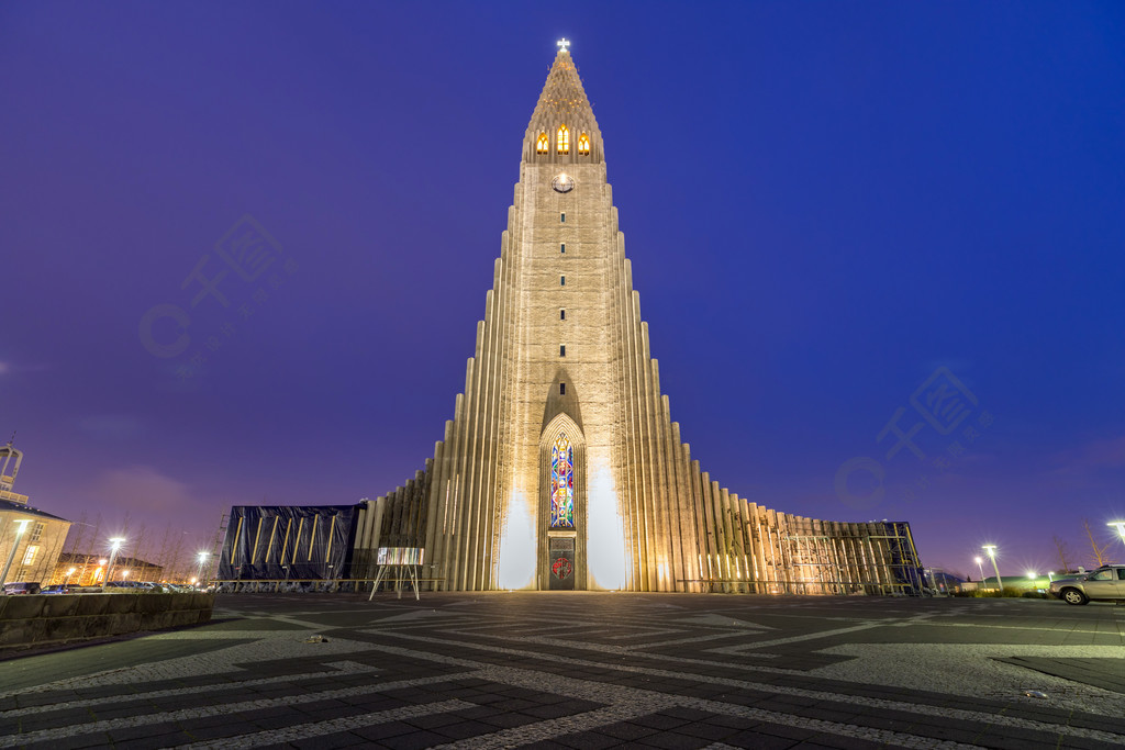 hallgrimskirkja大教堂雷克雅未克冰岛在日落黄昏