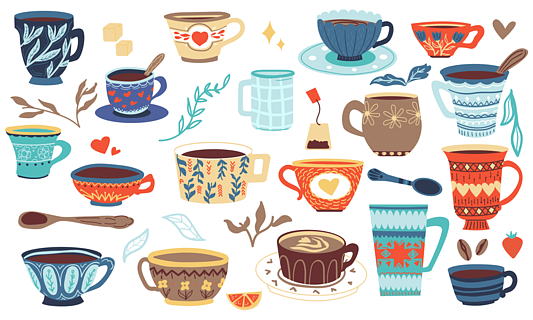卡通杯乱画杯子用茶和咖啡,早晨饮料的手拉的器物餐厅或家庭中的热