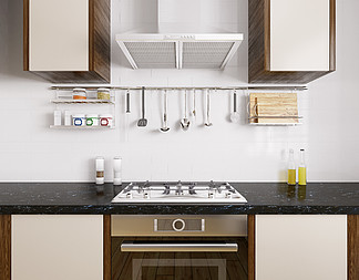 现代厨房配有黑色花岗岩柜台，烤箱，燃气灶，引擎盖，餐具，室内3d渲染