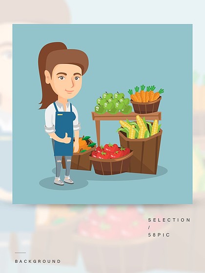 货员卖水果和蔬菜矢量卡通插画方形的布局给赞许的年轻白种人女推销员