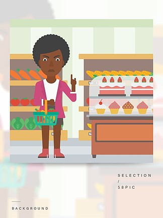 拿着篮子的一名非裔美国人的妇女有很多健康<i>食</i><i>物</i>和拒绝在超级市场背景的<i>垃</i>圾<i>食</i><i>物</i>导航平的设计例证方形的布局拿着超级市场篮子的妇女
