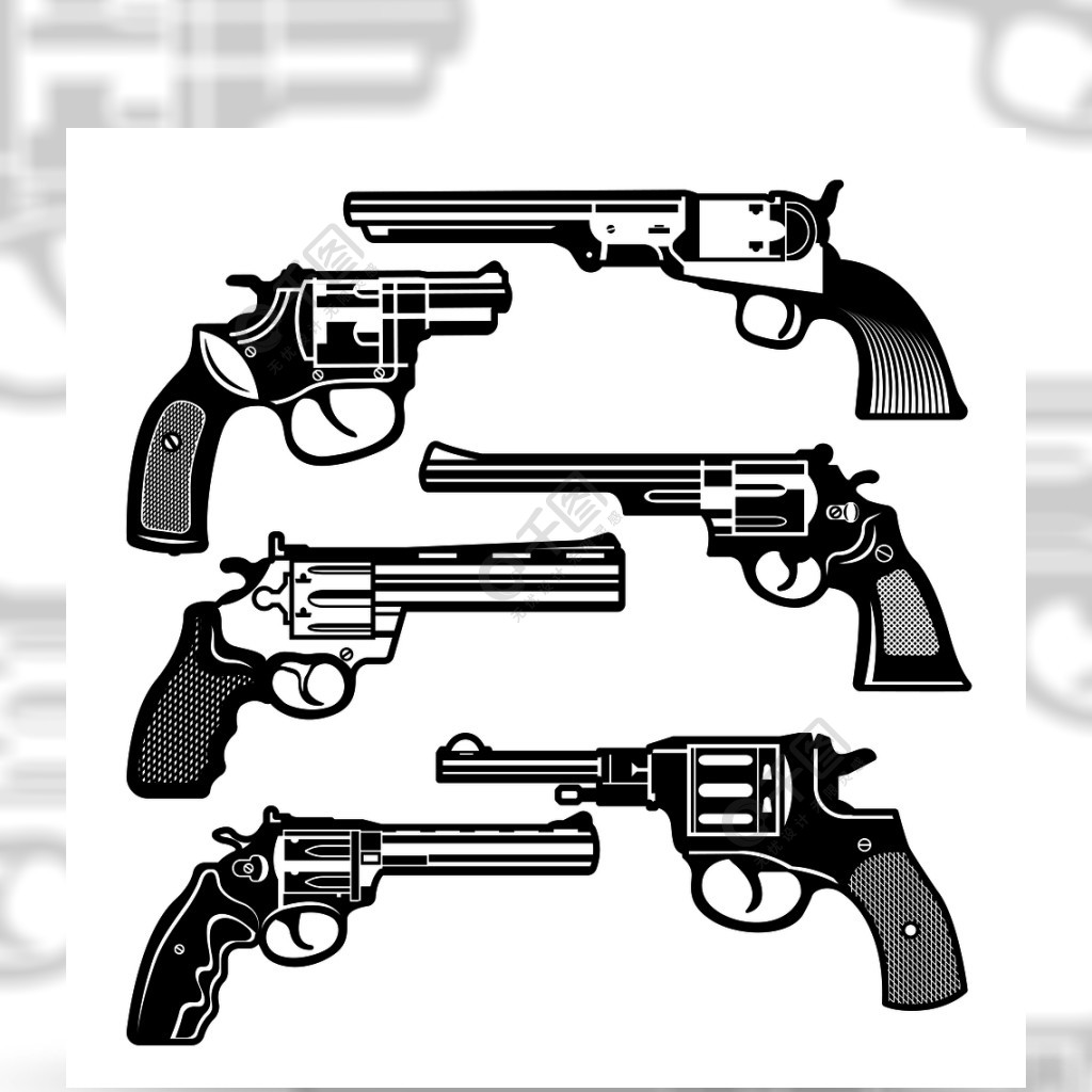 复古武器的单色插图左轮手枪老式枪矢量图片集左轮手枪和武器单色黑色