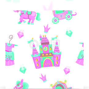 在白色背景上的无缝神话般的图案童话城堡，粉红色小马，公主裙，粉红色皇家马车，钻石，王冠