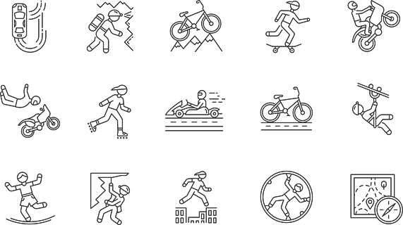 极限运动线性图标集登山偷偷摸摸骑自行车,溜冰赛车运动定向运动技能