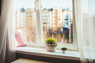 窗台上有靠垫和鲜花的舒适场所舒适的窗台-放<i>松</i>的地方