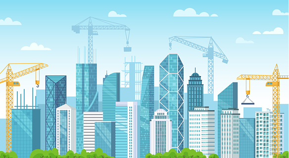 建城建设中的城市,建筑基础和建筑用起重机建造建筑物卡通矢量图城市