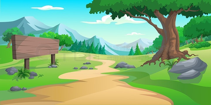 森林中一条小路的卡通画,前景是路标,背景是山