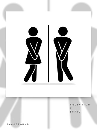 女孩和男孩厕所象形图有趣的厕所夫妇签名，绝望的小便女人男人wc图标，有趣的浴室门标<i>志</i>，幽默的公共厕所紧急矢量剪影女孩和男孩洗手间象形图