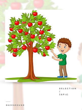 从苹果树上摘苹果的卡通男孩
