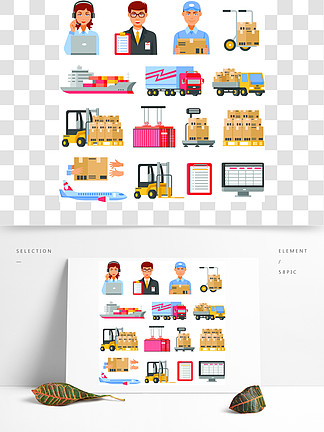 <i>物</i>流和配送装饰图标设置<i>物</i>流和送货装饰图标集的不同种类的运输与飞机卡车船叉车和货<i>物</i>箱孤立的矢量图