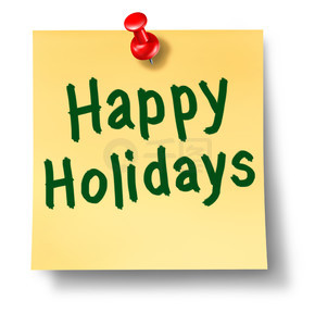 节日快乐办公室在黄色稠粘的纸的笔记提示与使用绿色墨水的红色图钉使用作为圣诞节或欢乐季节性概念为传送庆祝的消息和一年的重要时间