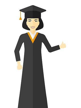 毕业在显示赞许标志传染媒介平的设计例证的斗篷和帽子隔绝在白色背景毕业生显示大拇指标志