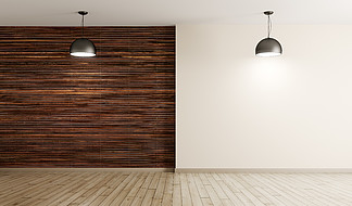 空的室内背景，棕色木板墙和硬木地板，两盏灯3d渲染的<i>房</i>间
