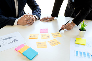 财富管理理念，商人和团队分析财务报表，以计划在办公室财务客户案例