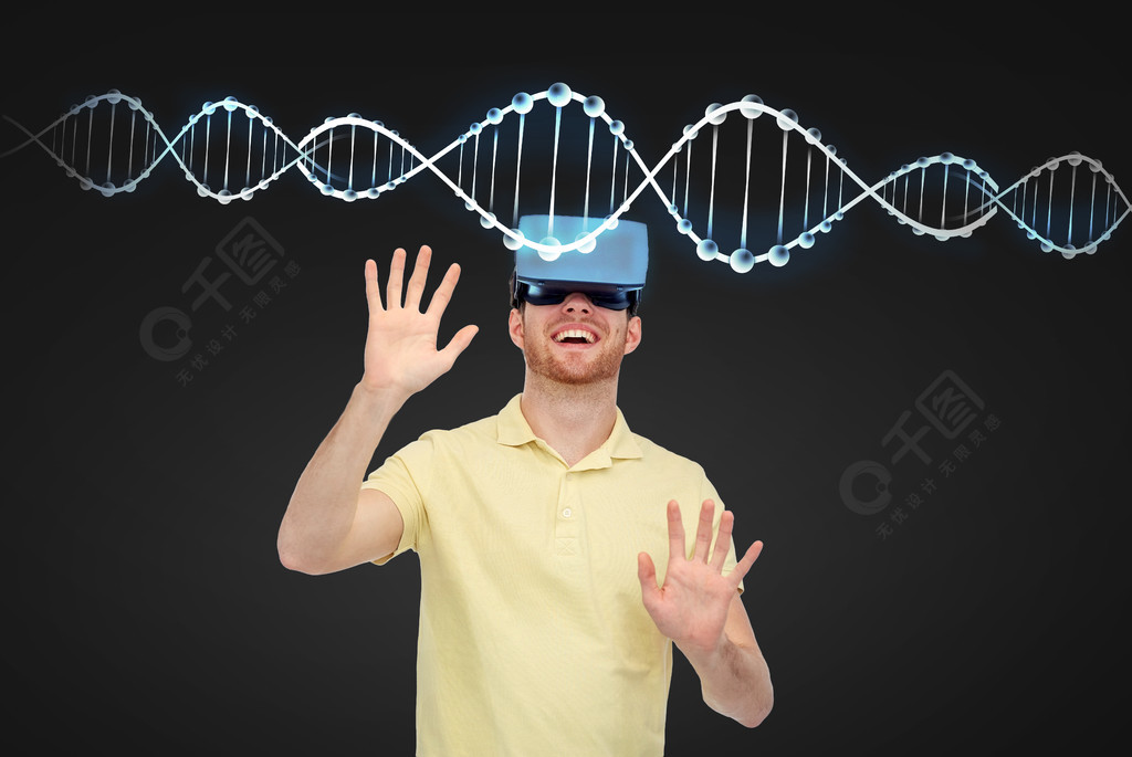 3d技术，虚拟现实，娱乐和人们观念-戴在黑背景和dns分子的虚拟现实耳机或3d眼镜的快乐的年轻人比赛