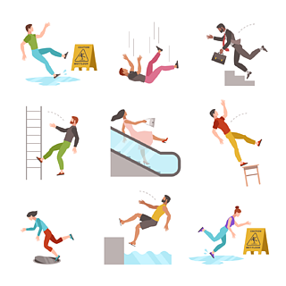 从椅子上掉下来的危险危险,事故矢量平面卡通人物下降的人跌倒楼梯,湿