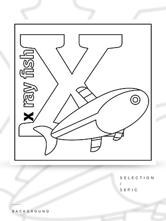 着色<i>页</i>或与英语动物动物园字母表的孩子卡X射线鱼，字母X矢量图字母X彩<i>页</i>