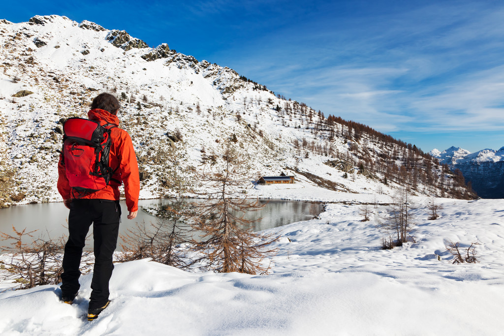 一个人年轻男性远足者在看对多雪的风景背面图的一个高山湖前面站立